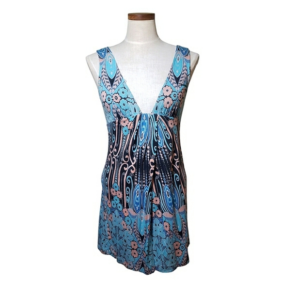 Free People Floral Boho Button Up Back Sleeveless Stretch Blue Mini Dress Size 6 - Picture 2 of 16